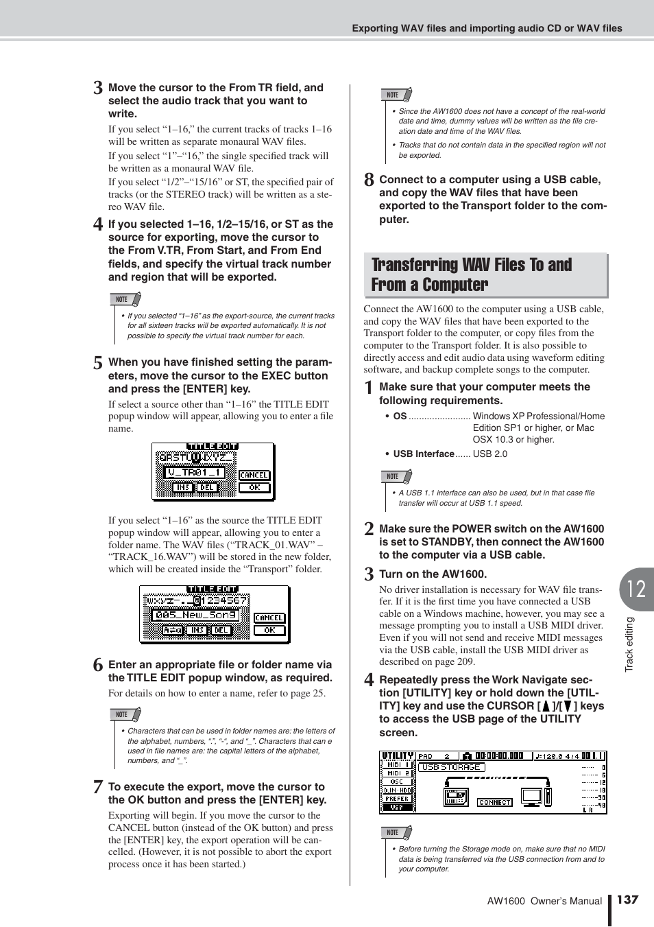 Transferring wav files to and from a computer, Transferring wav files to and, From a computer | Yamaha AW 1600 User Manual | Page 137 / 232