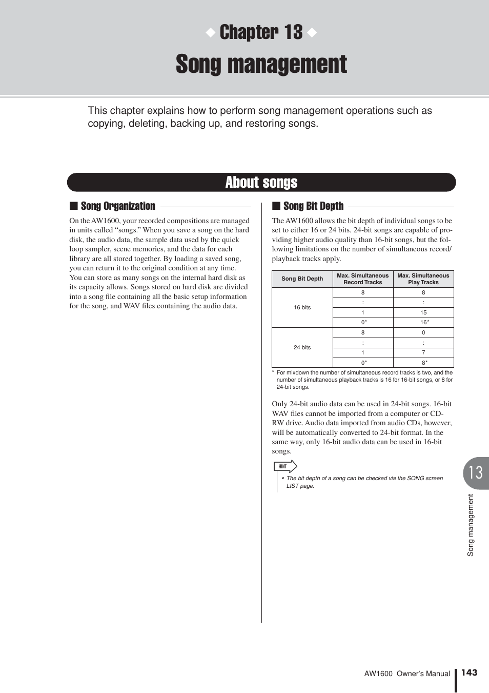 Song management, About songs, P. 143), tr | Er to “song management, P. 143), Ks in the recorder section, P. 143), m, Limited, Chapter 13, Song organization | Yamaha AW 1600 User Manual | Page 143 / 232