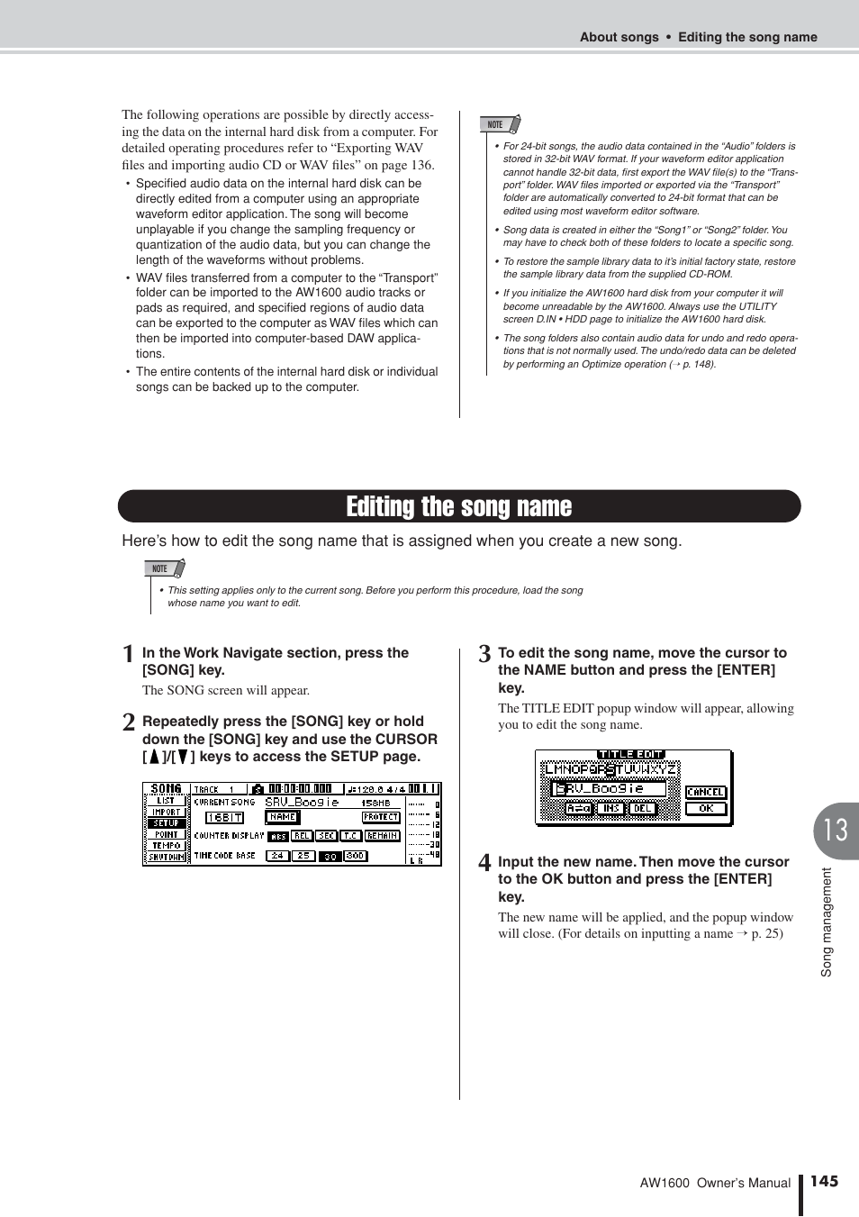 Editing the song name, Y also edit the song name later, P. 145) | Yamaha AW 1600 User Manual | Page 145 / 232