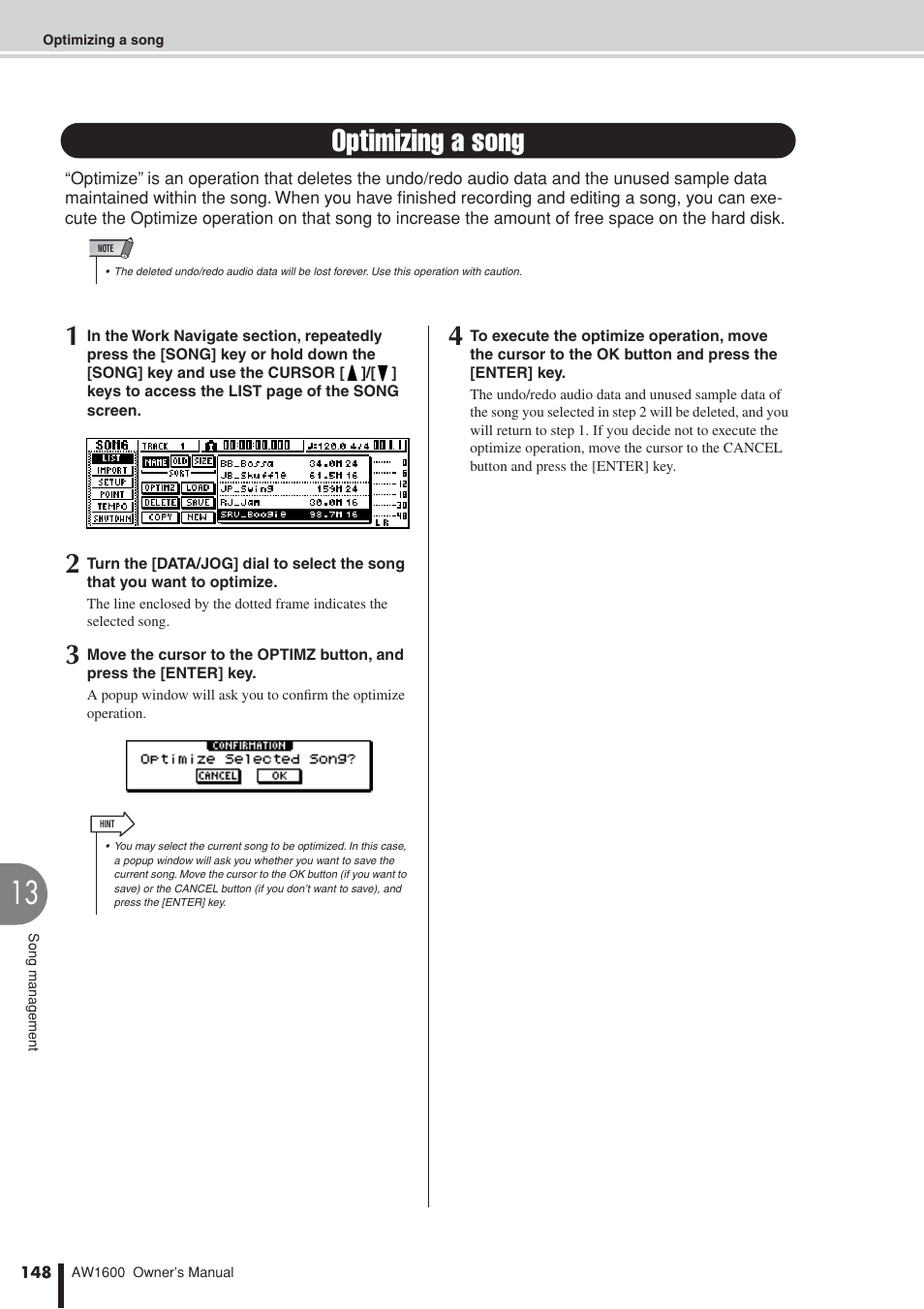 Optimizing a song, Ation, P. 148) | Yamaha AW 1600 User Manual | Page 148 / 232