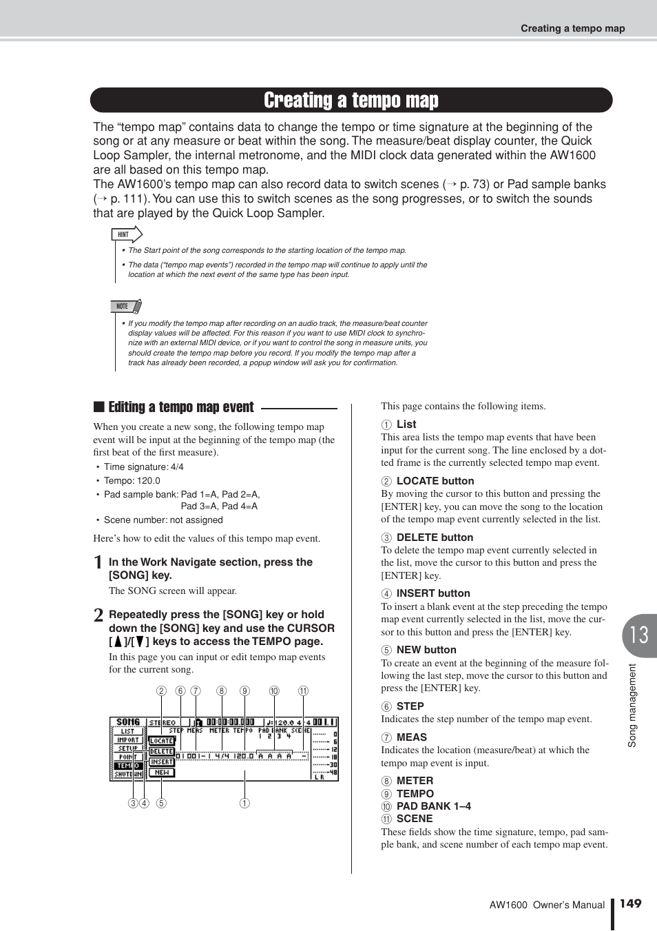 Creating a tempo map, P. 149), Or details on tempo map settings | Empo map setup, P. 149) when recording phr, Er to “cre- ating a tempo map, Editing a tempo map event | Yamaha AW 1600 User Manual | Page 149 / 232