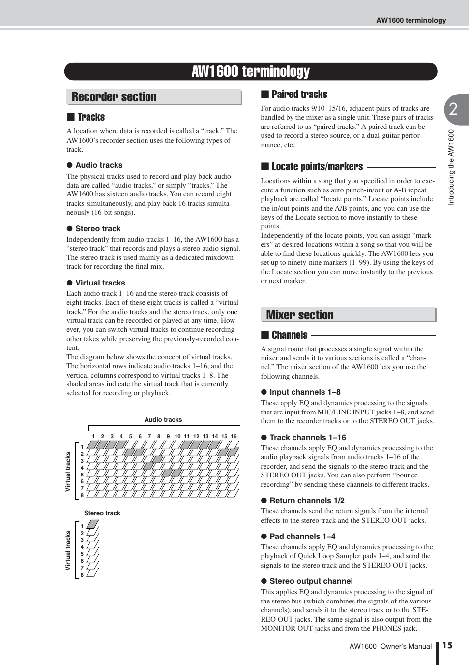 Aw1600 terminology, Recorder section, Mixer section | Recorder section mixer section, Tracks, Paired tracks ■ locate points/markers, Channels | Yamaha AW 1600 User Manual | Page 15 / 232