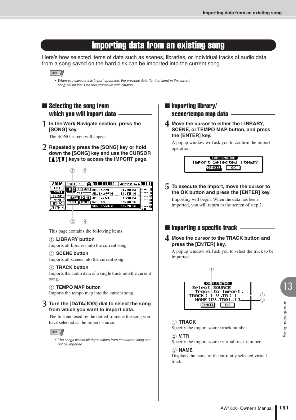 Importing data from an existing song, Selecting the song from which you will import data | Yamaha AW 1600 User Manual | Page 151 / 232