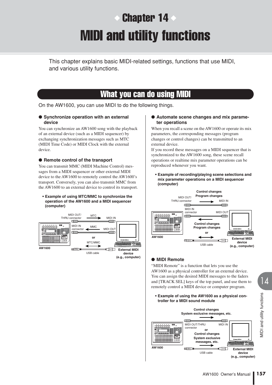 Midi and utility functions, What you can do using midi, Chapter 14 | Yamaha AW 1600 User Manual | Page 157 / 232