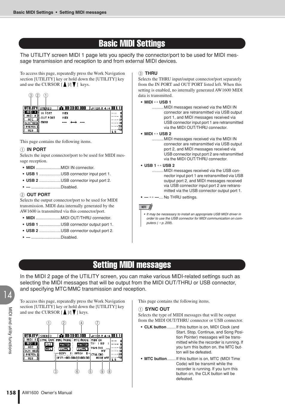 Basic midi settings, Setting midi messages | Yamaha AW 1600 User Manual | Page 158 / 232