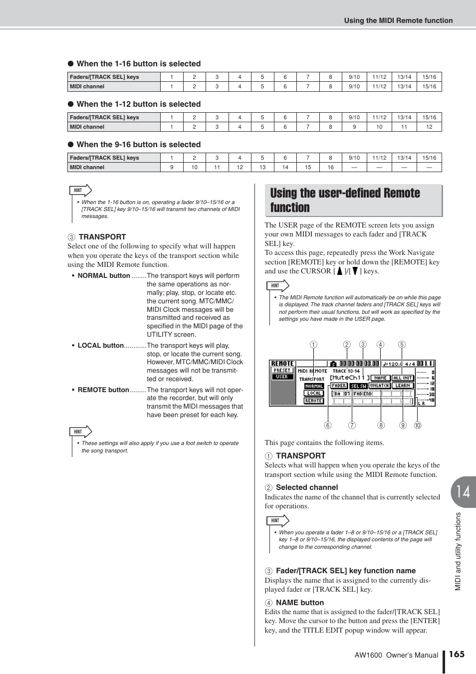 Using the user-defined remote function, 1 transport | Yamaha AW 1600 User Manual | Page 165 / 232