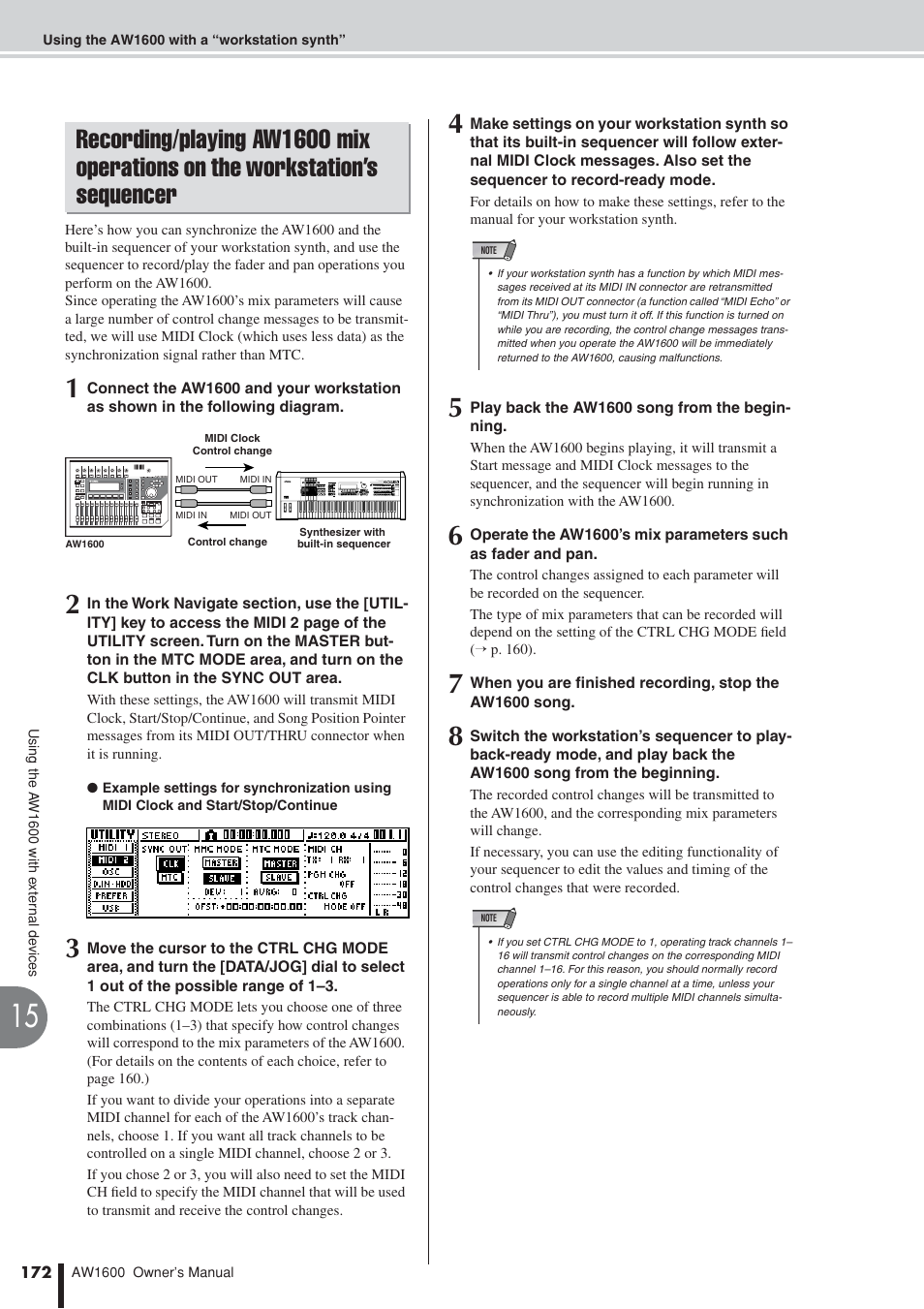 Recording/playing aw1600 mix, Operations on the workstation’s sequencer | Yamaha AW 1600 User Manual | Page 172 / 232