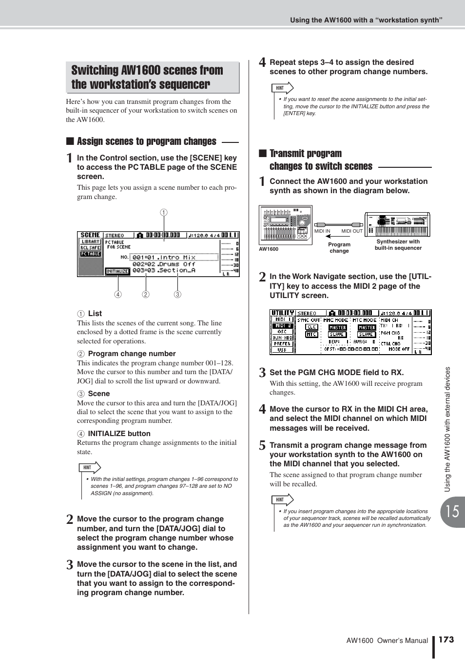 Switching aw1600 scenes from, The workstation’s sequencer, Assign scenes to program changes | Transmit program changes to switch scenes | Yamaha AW 1600 User Manual | Page 173 / 232