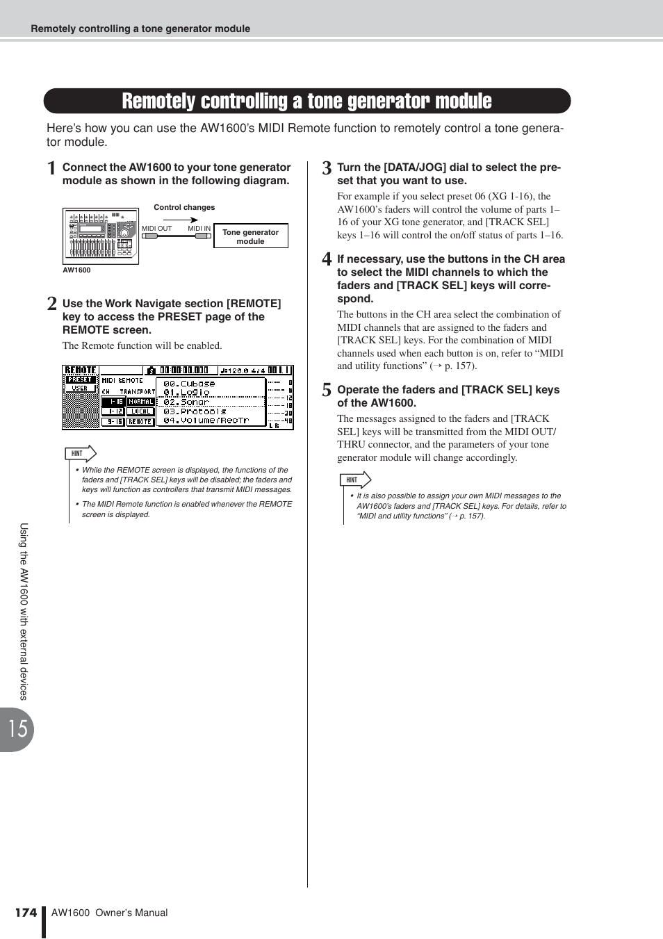 Remotely controlling a tone generator module | Yamaha AW 1600 User Manual | Page 174 / 232