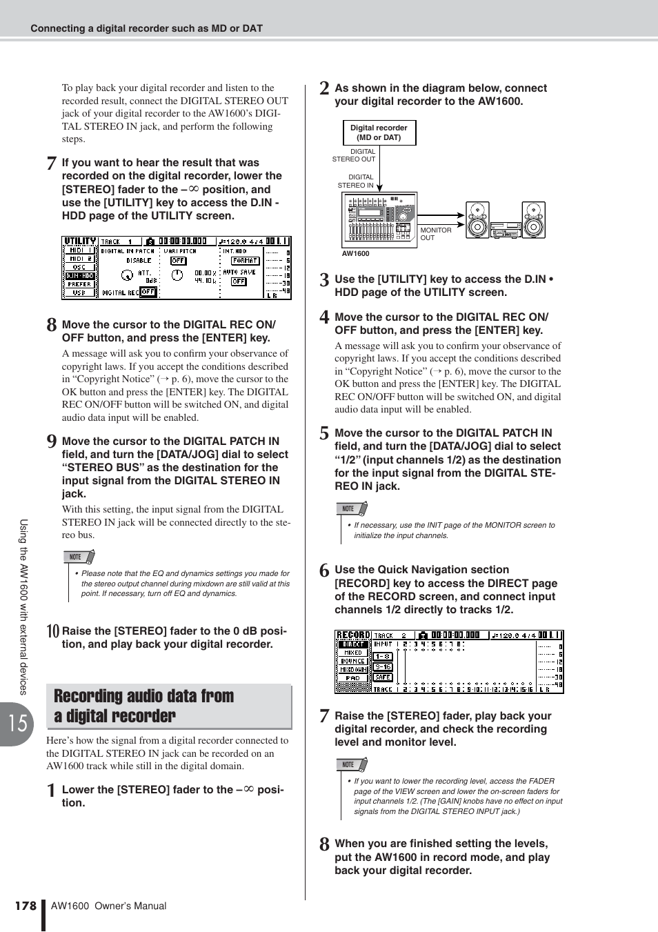 Recording audio data from a digital recorder | Yamaha AW 1600 User Manual | Page 178 / 232