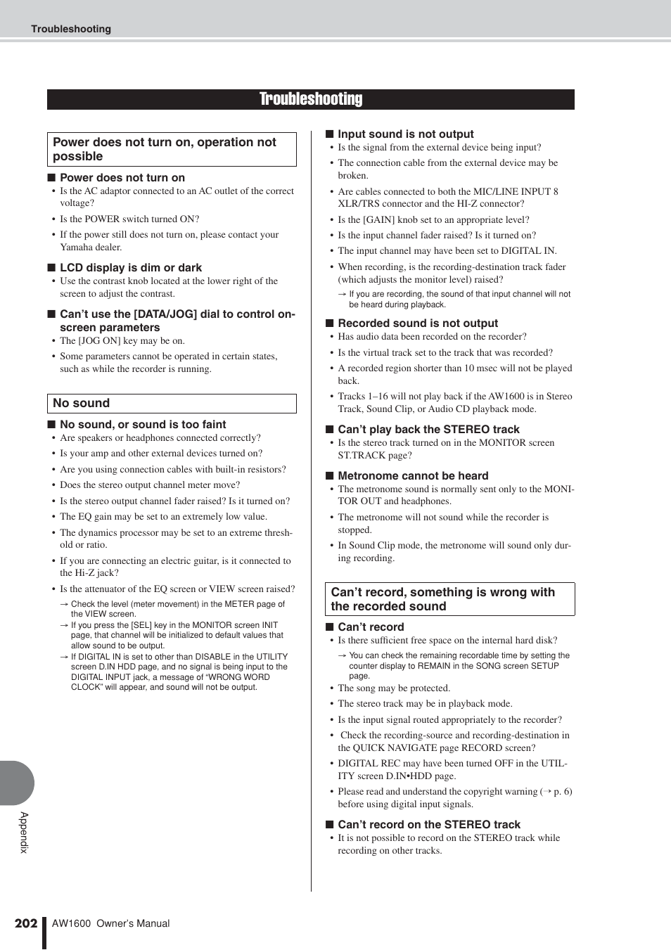 Troubleshooting | Yamaha AW 1600 User Manual | Page 202 / 232