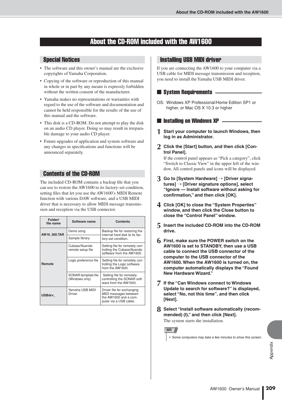 About the cd-rom included with the aw1600, System requirements ■ installing on windows xp | Yamaha AW 1600 User Manual | Page 209 / 232