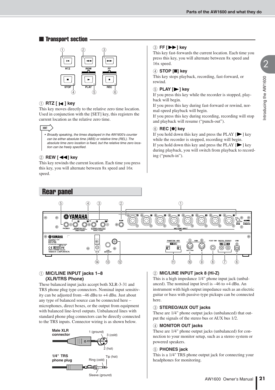 Rear panel, Transport section (p. 21) | Yamaha AW 1600 User Manual | Page 21 / 232