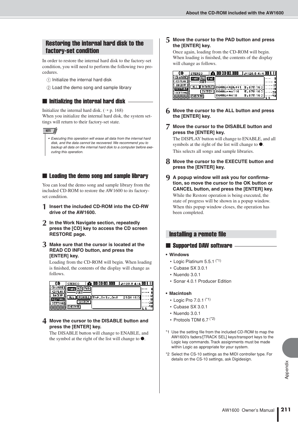 Installing a remote file, Initializing the internal hard disk, Loading the demo song and sample library | Supported daw software | Yamaha AW 1600 User Manual | Page 211 / 232