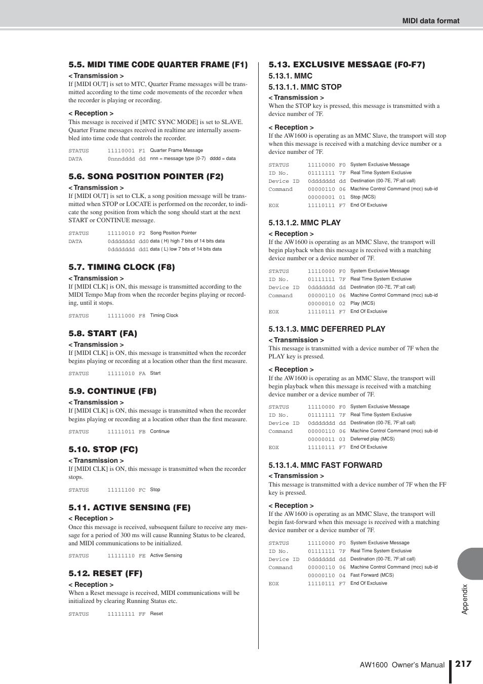 Midi time code quarter frame (f1), Song position pointer (f2), Timing clock (f8) | Start (fa), Continue (fb), Stop (fc), Active sensing (fe), Reset (ff), Exclusive message (f0-f7), Mmc play | Yamaha AW 1600 User Manual | Page 217 / 232