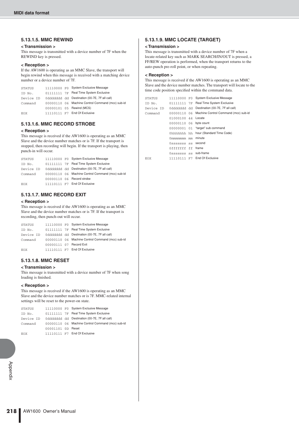 Mmc rewind, Mmc record strobe, Mmc record exit | Mmc reset, Mmc locate (target) | Yamaha AW 1600 User Manual | Page 218 / 232