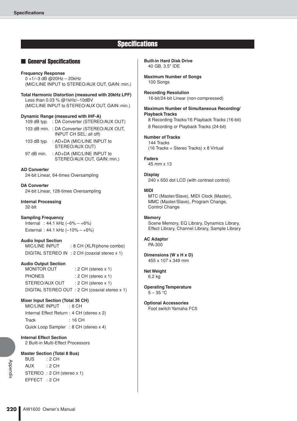 Specifications, General specifications | Yamaha AW 1600 User Manual | Page 220 / 232