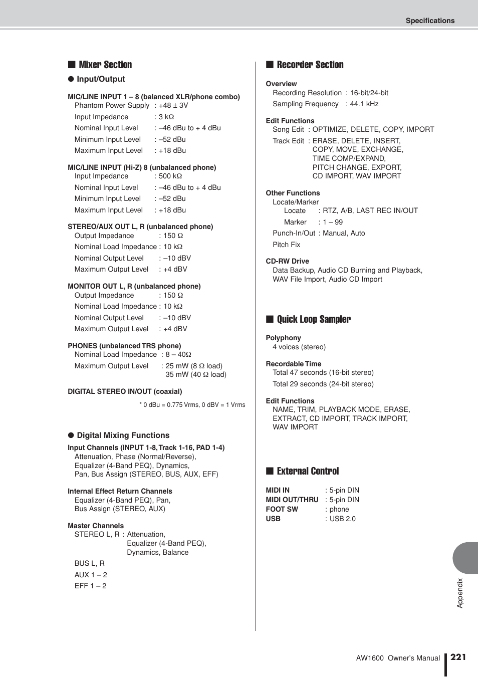 Quick loop sampler, External control | Yamaha AW 1600 User Manual | Page 221 / 232