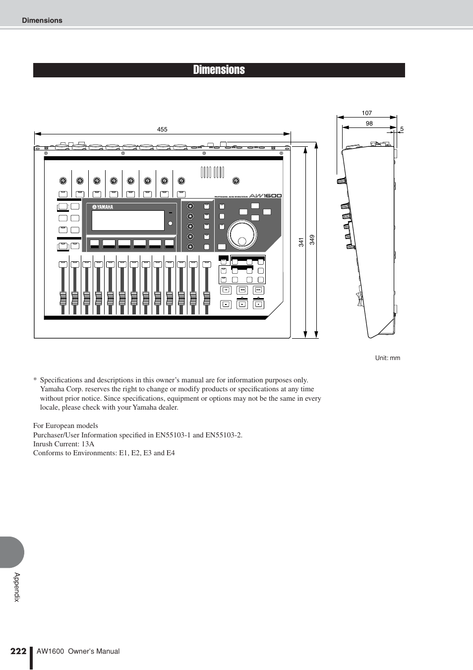 Dimensions | Yamaha AW 1600 User Manual | Page 222 / 232