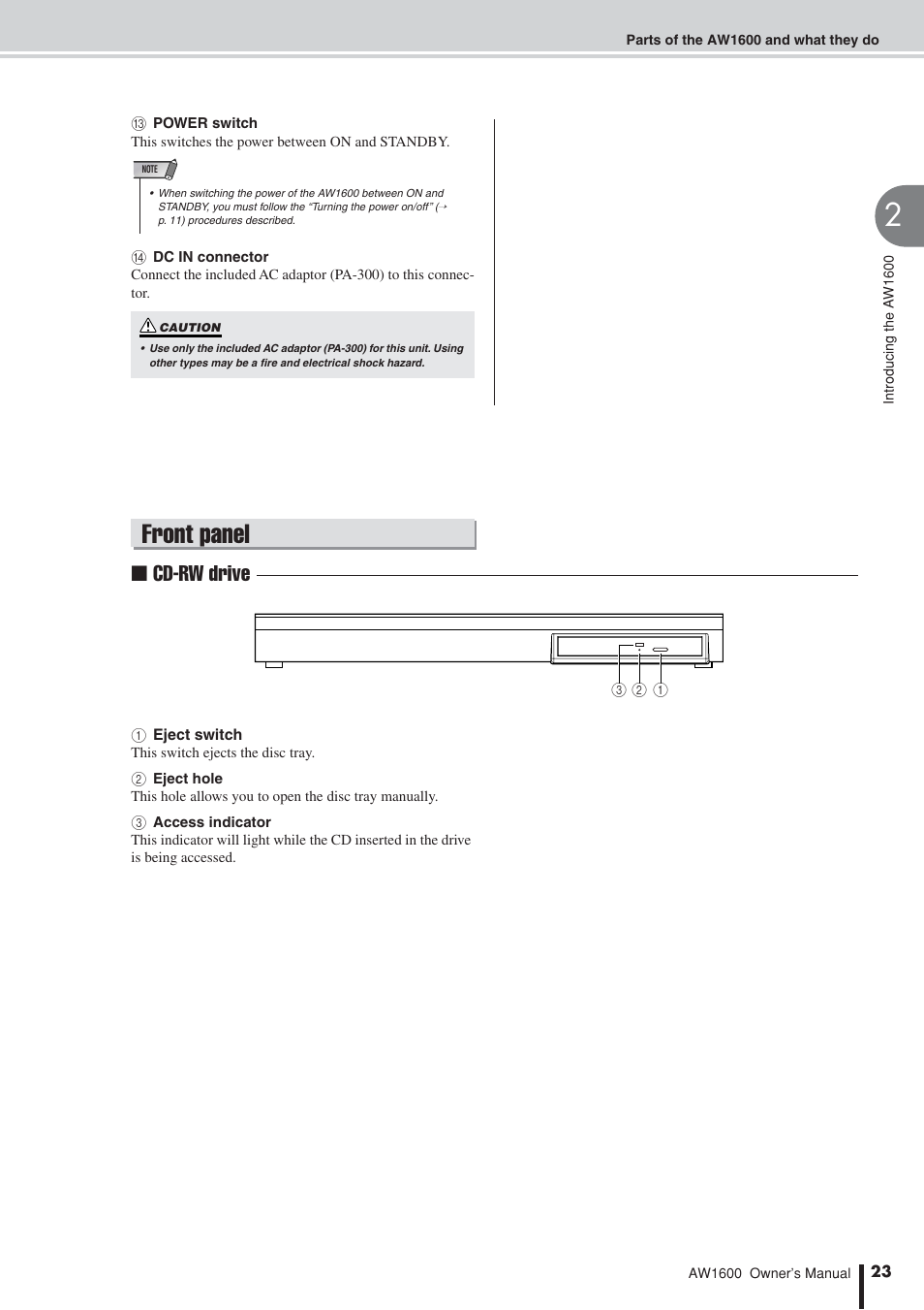 Front panel, Cd-rw drive | Yamaha AW 1600 User Manual | Page 23 / 232