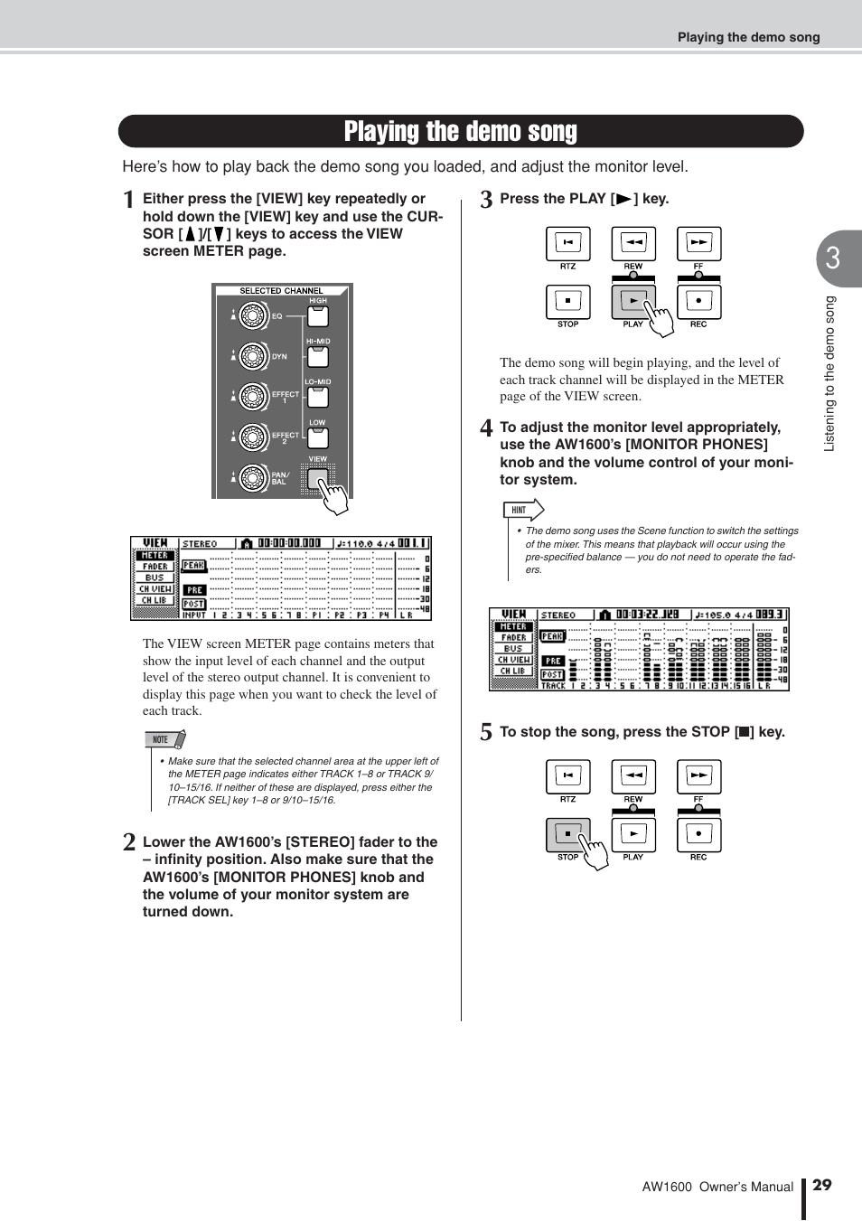 Playing the demo song | Yamaha AW 1600 User Manual | Page 29 / 232