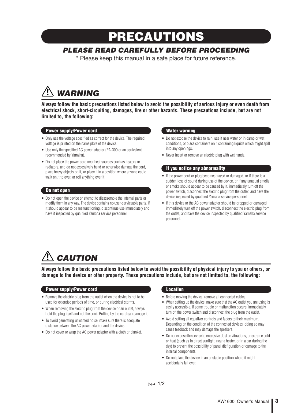 Precautions, Warning, Caution | Please read carefully before proceeding | Yamaha AW 1600 User Manual | Page 3 / 232