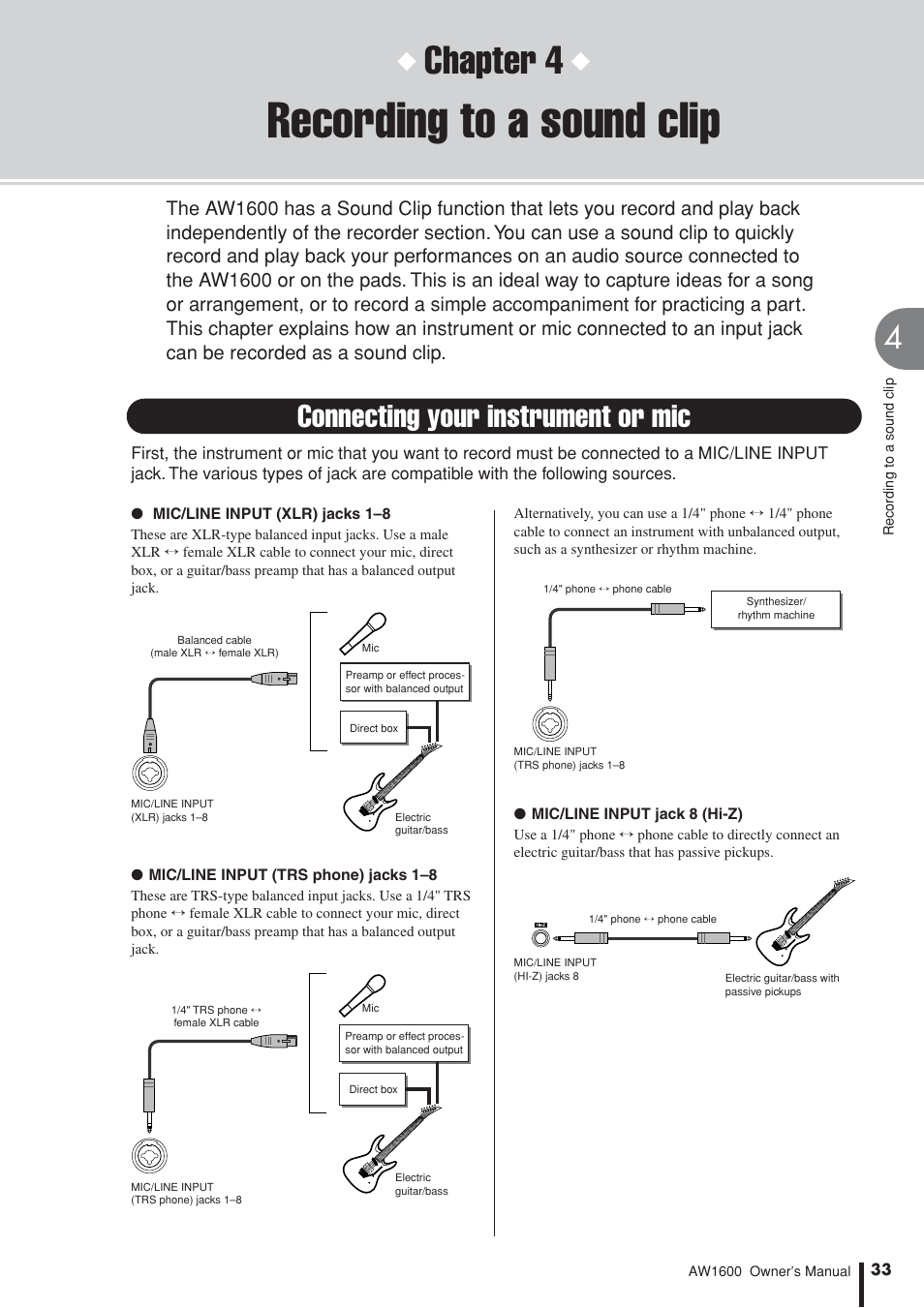 Recording to a sound clip, Connecting your instrument or mic, Chapter 4 | Yamaha AW 1600 User Manual | Page 33 / 232