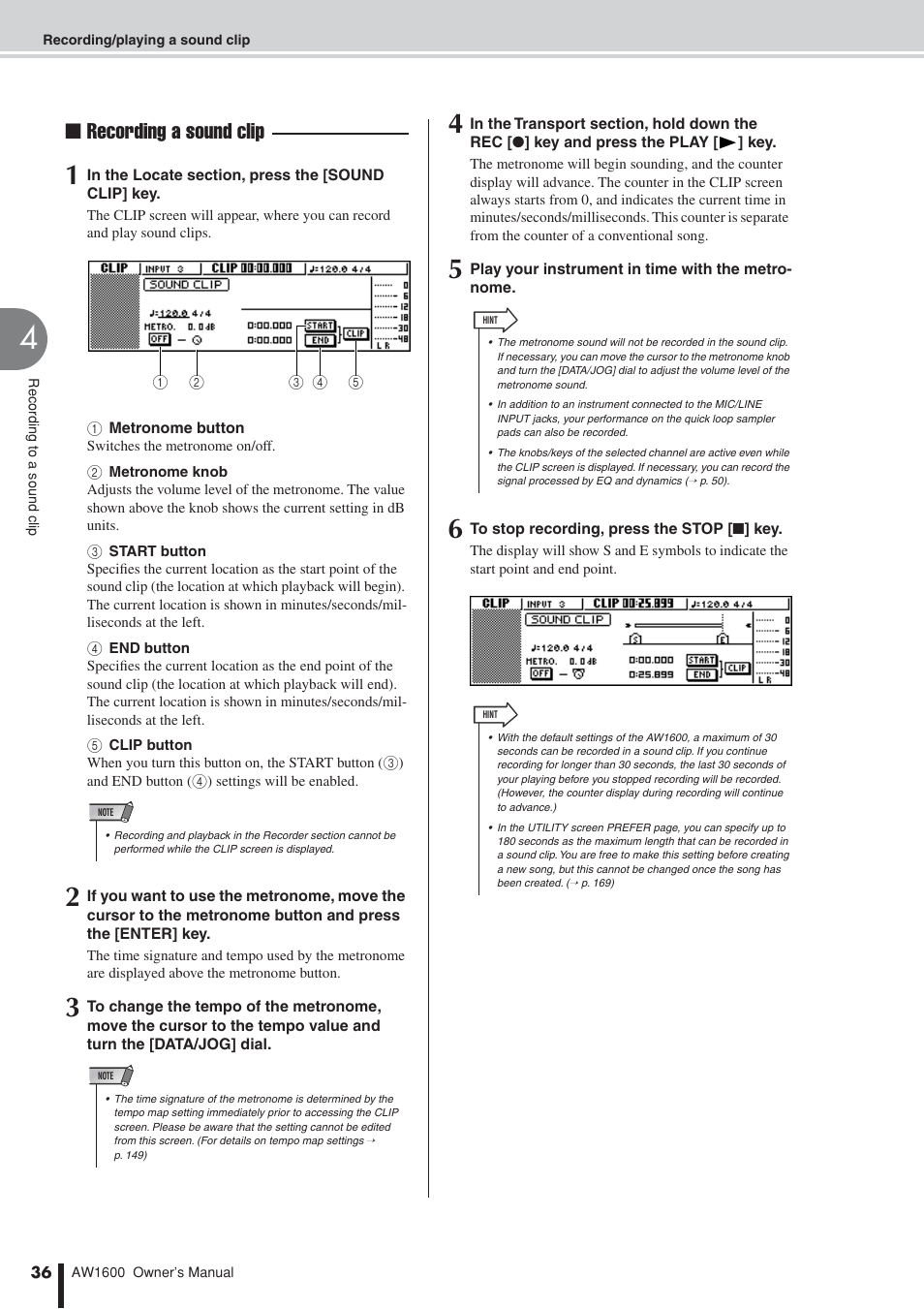 Recording a sound clip | Yamaha AW 1600 User Manual | Page 36 / 232