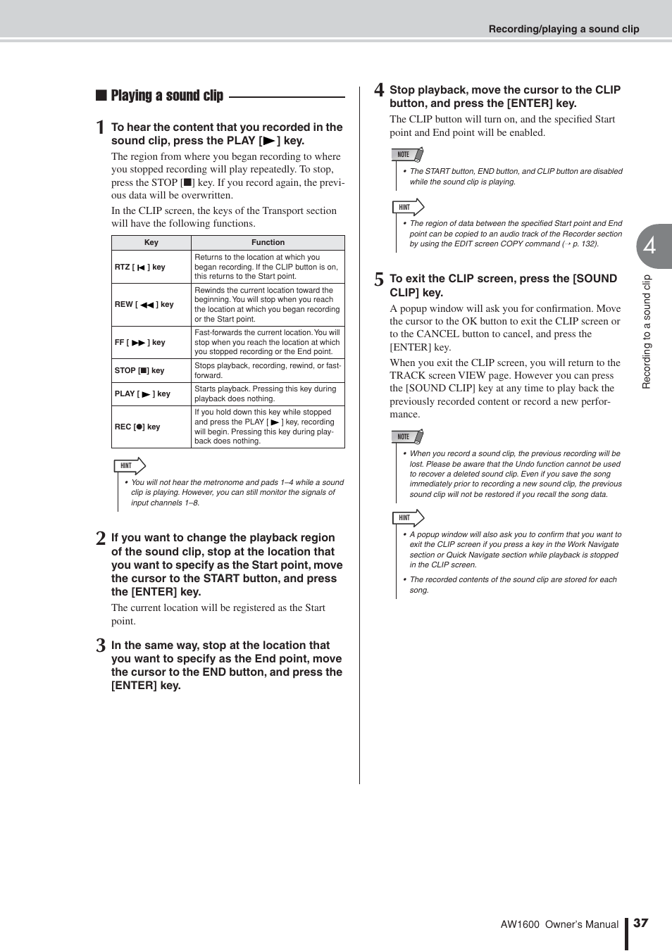 Playing a sound clip | Yamaha AW 1600 User Manual | Page 37 / 232