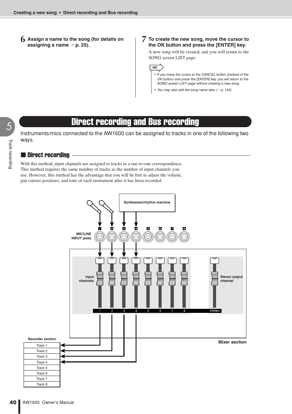 Direct recording and bus recording, Direct recording | Yamaha AW 1600 User Manual | Page 40 / 232