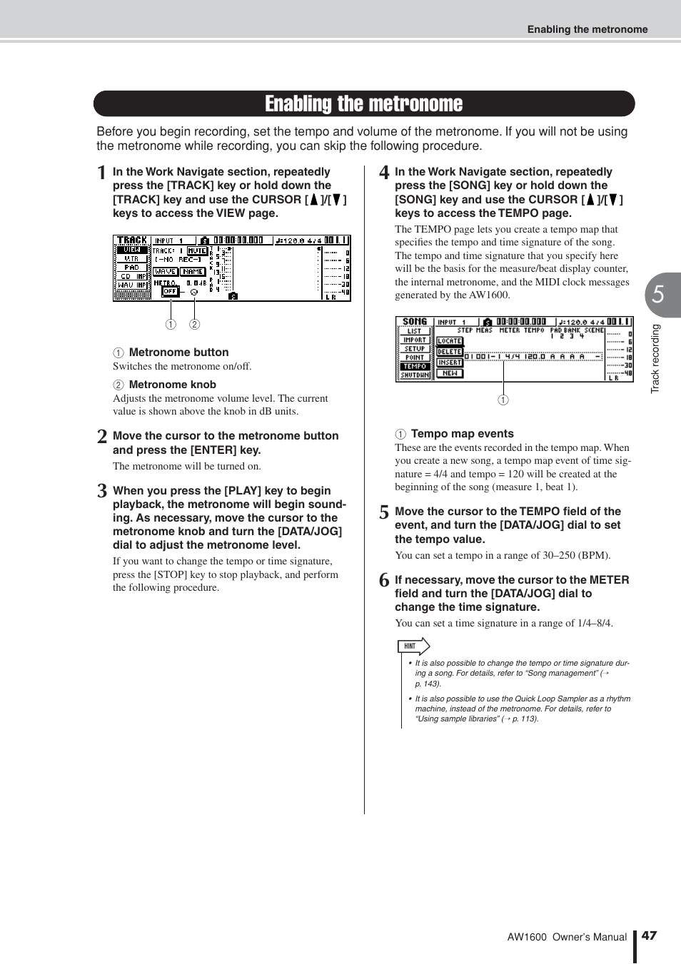 Enabling the metronome | Yamaha AW 1600 User Manual | Page 47 / 232