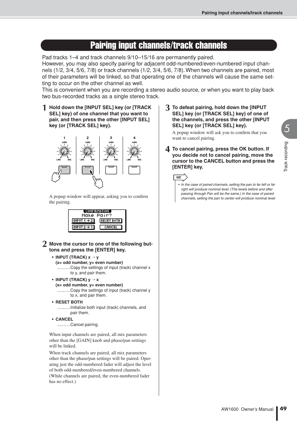 Pairing input channels/track channels, P. 49) is selected, the odd | Yamaha AW 1600 User Manual | Page 49 / 232