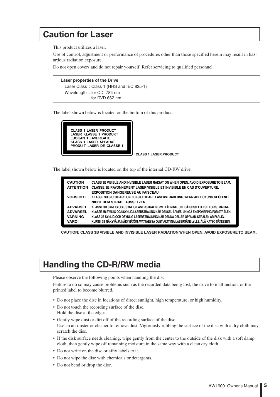 Caution for laser, Handling the cd-r/rw media | Yamaha AW 1600 User Manual | Page 5 / 232