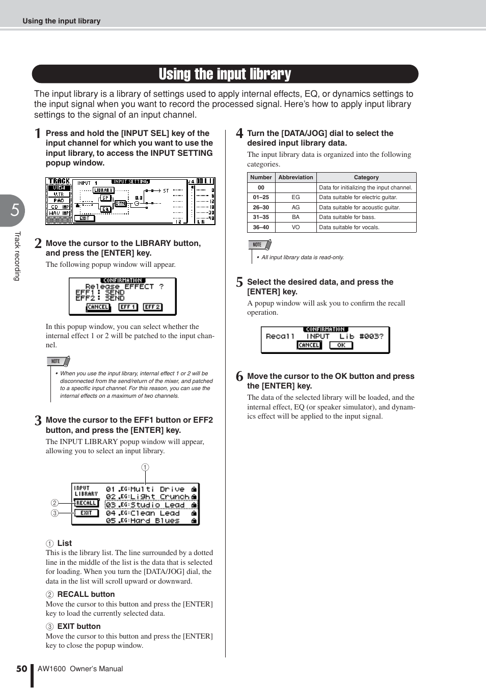 Using the input library, Eq and dynamics, P. 50) | Yamaha AW 1600 User Manual | Page 50 / 232