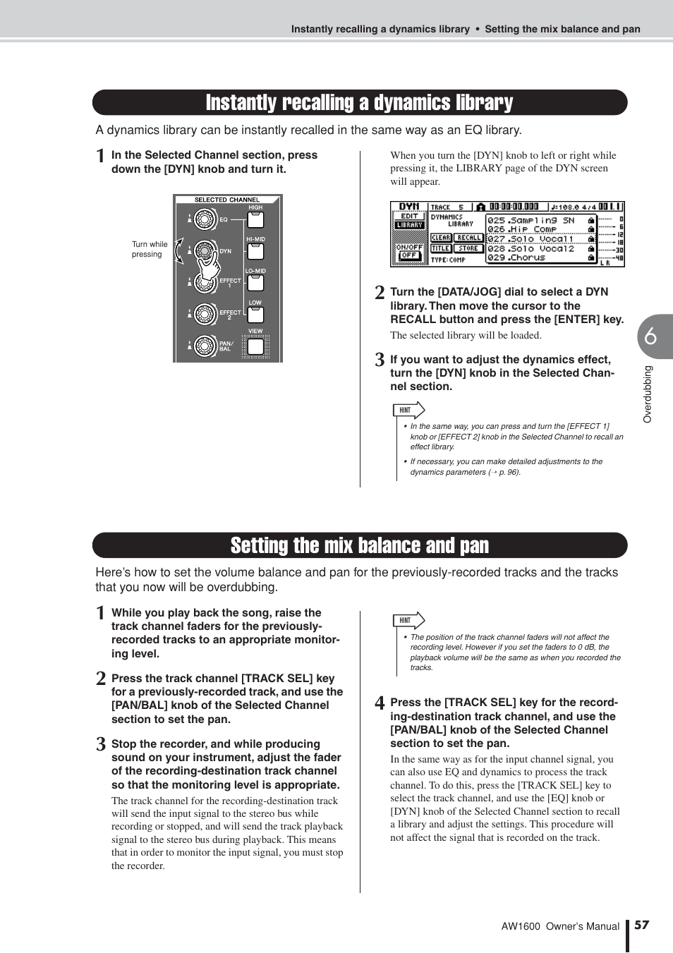 Instantly recalling a dynamics library, Setting the mix balance and pan | Yamaha AW 1600 User Manual | Page 57 / 232