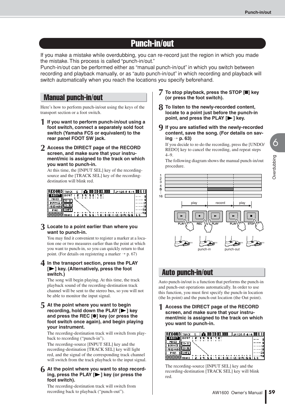 Punch-in/out, Manual punch-in/out, Auto punch-in/out | Manual punch-in/out auto punch-in/out | Yamaha AW 1600 User Manual | Page 59 / 232