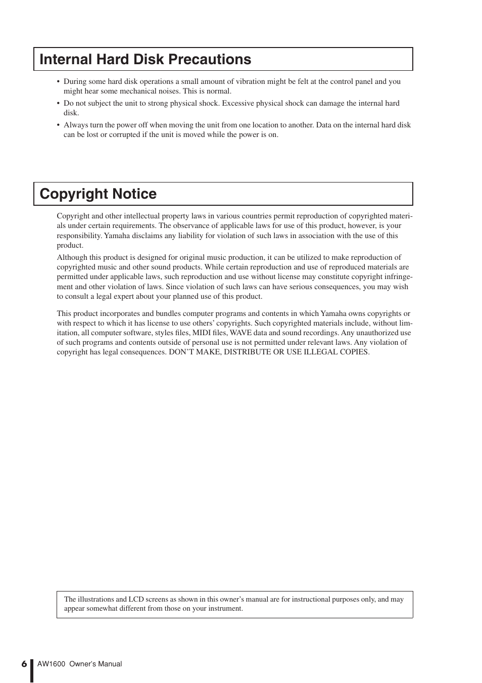 Internal hard disk precautions copyright notice | Yamaha AW 1600 User Manual | Page 6 / 232