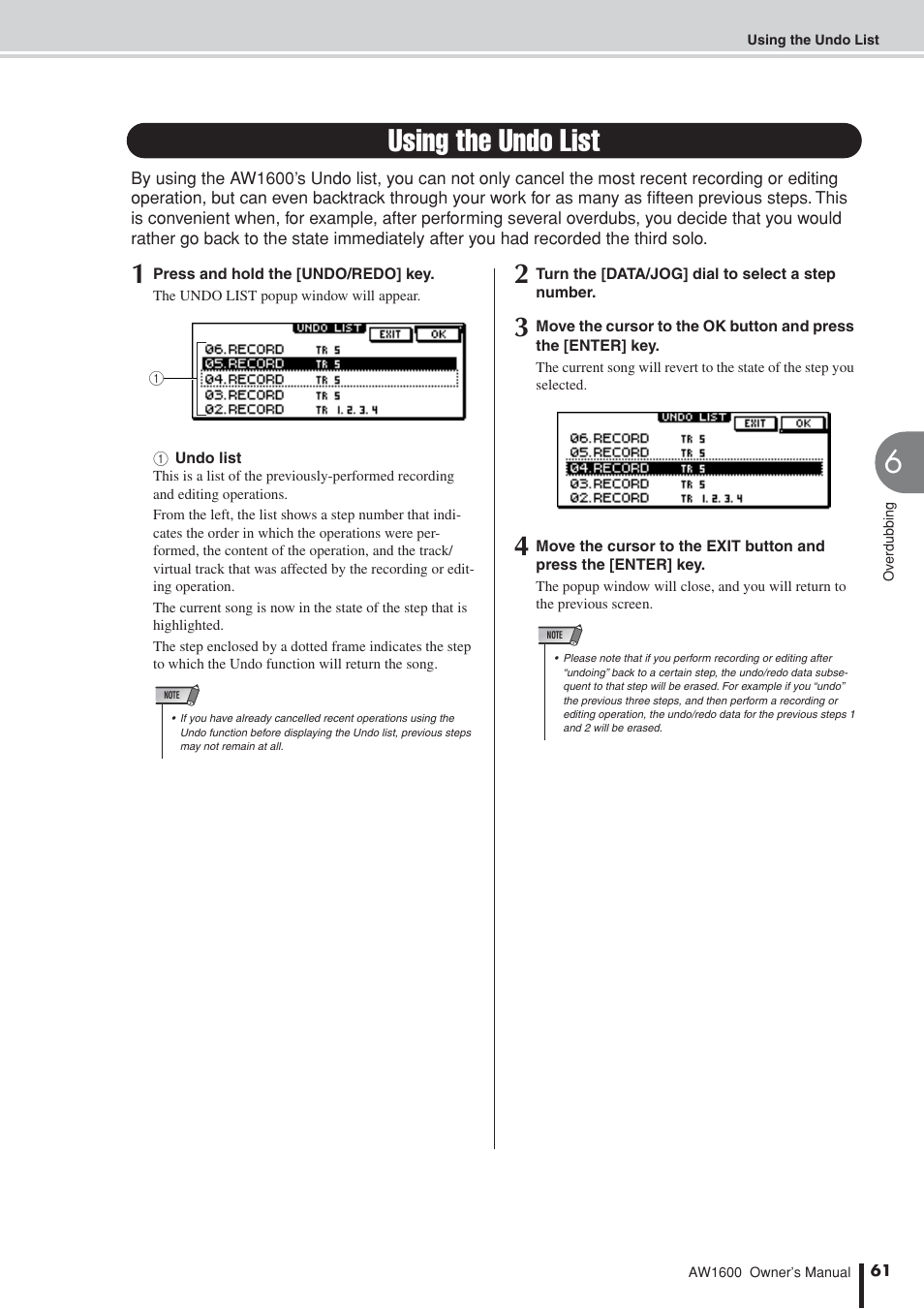 Using the undo list, Ations, P. 61) | Erdubs by repeating steps 6–9 | Yamaha AW 1600 User Manual | Page 61 / 232