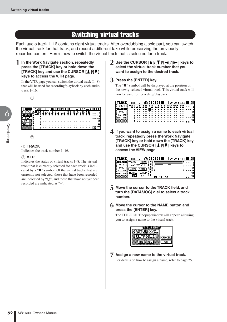 Switching virtual tracks | Yamaha AW 1600 User Manual | Page 62 / 232