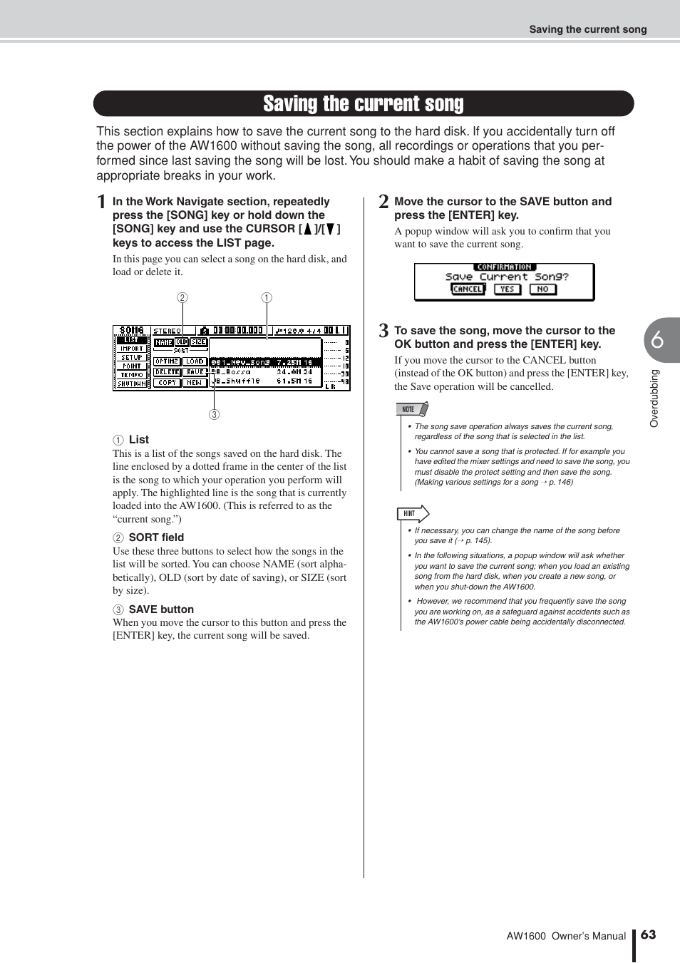 Saving the current song, P. 63), Cedure | Yamaha AW 1600 User Manual | Page 63 / 232