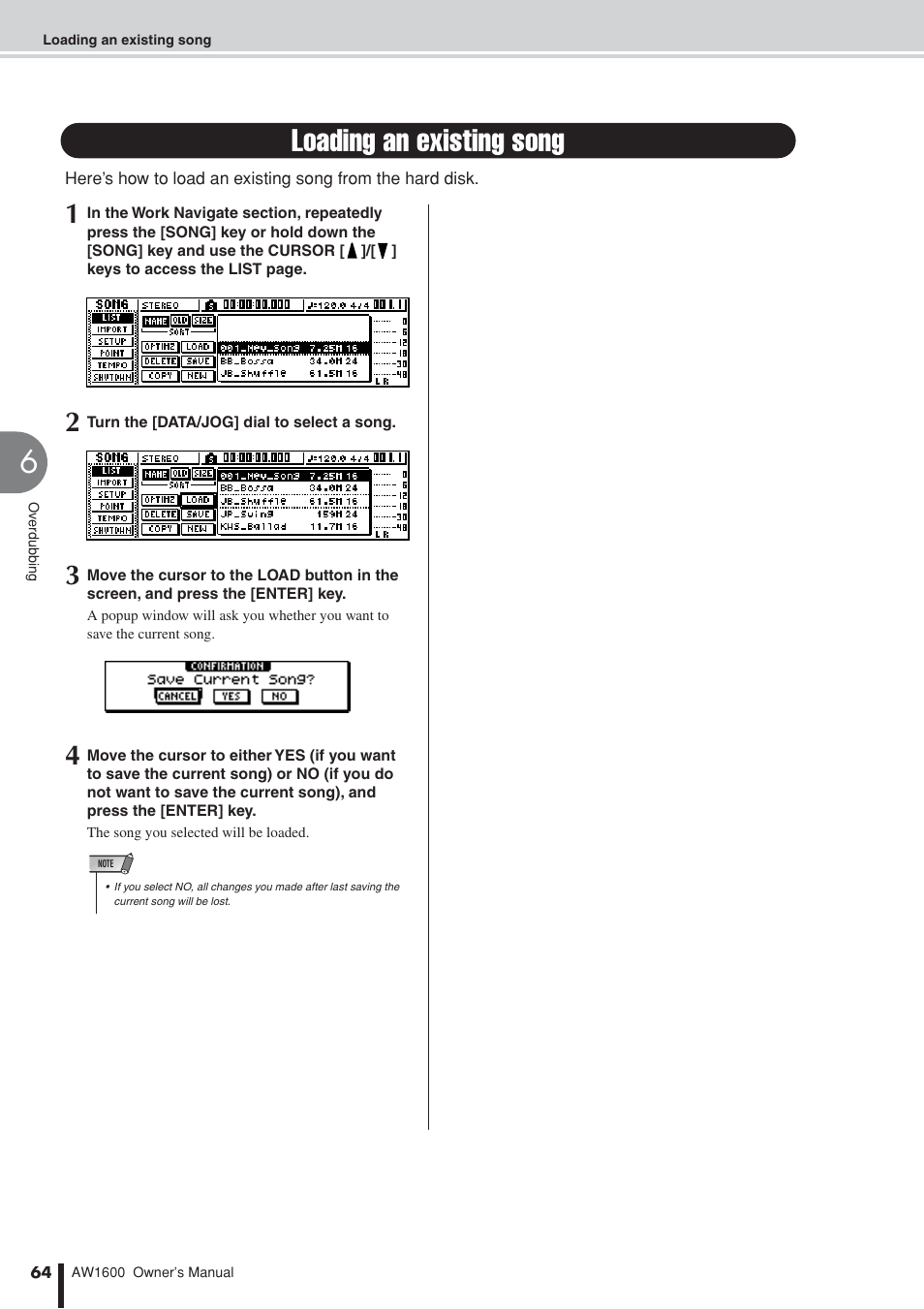 Loading an existing song | Yamaha AW 1600 User Manual | Page 64 / 232