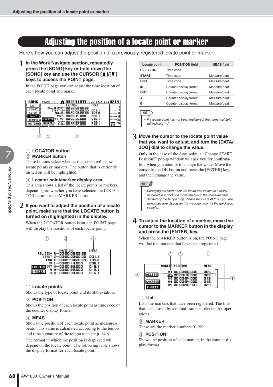 Adjusting the position of a locate point or marker, Ed ( → p. 68) as | Yamaha AW 1600 User Manual | Page 68 / 232