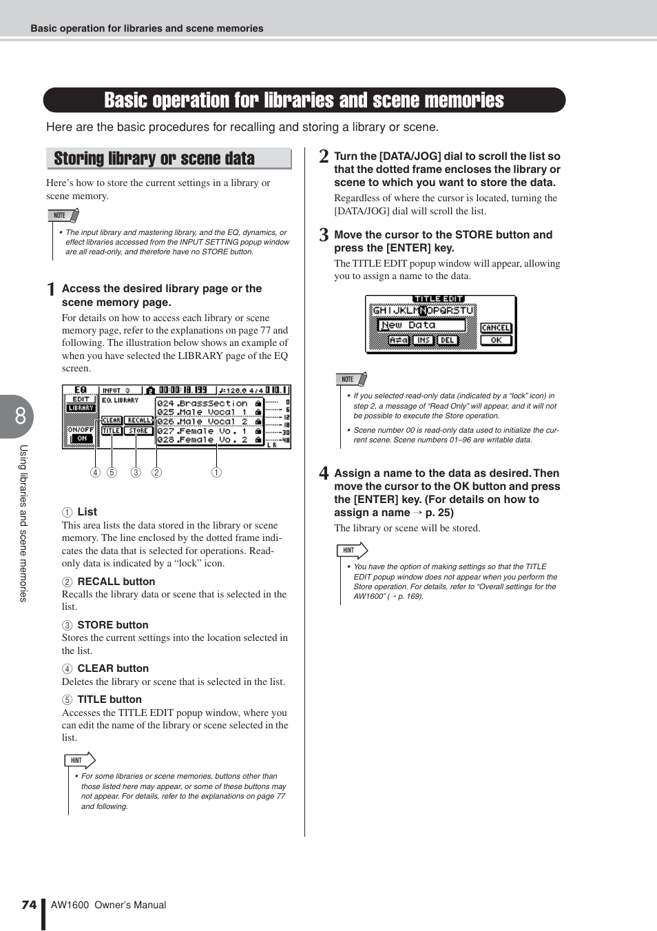 Basic operation for libraries and scene memories, Storing library or scene data | Yamaha AW 1600 User Manual | Page 74 / 232