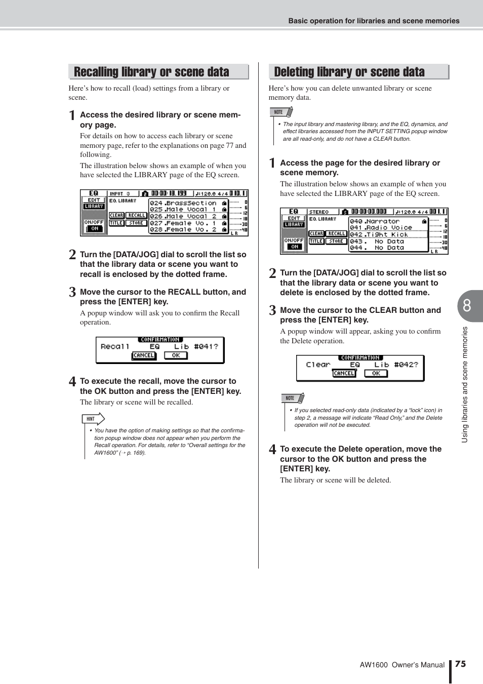 Recalling library or scene data, Deleting library or scene data | Yamaha AW 1600 User Manual | Page 75 / 232