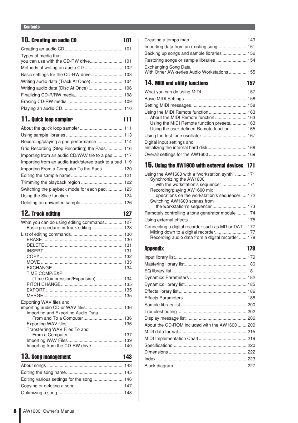 Creating an audio cd 101, Quick loop sampler 111, Track editing 127 | Song management 143, Midi and utility functions 157, Appendix 179 | Yamaha AW 1600 User Manual | Page 8 / 232