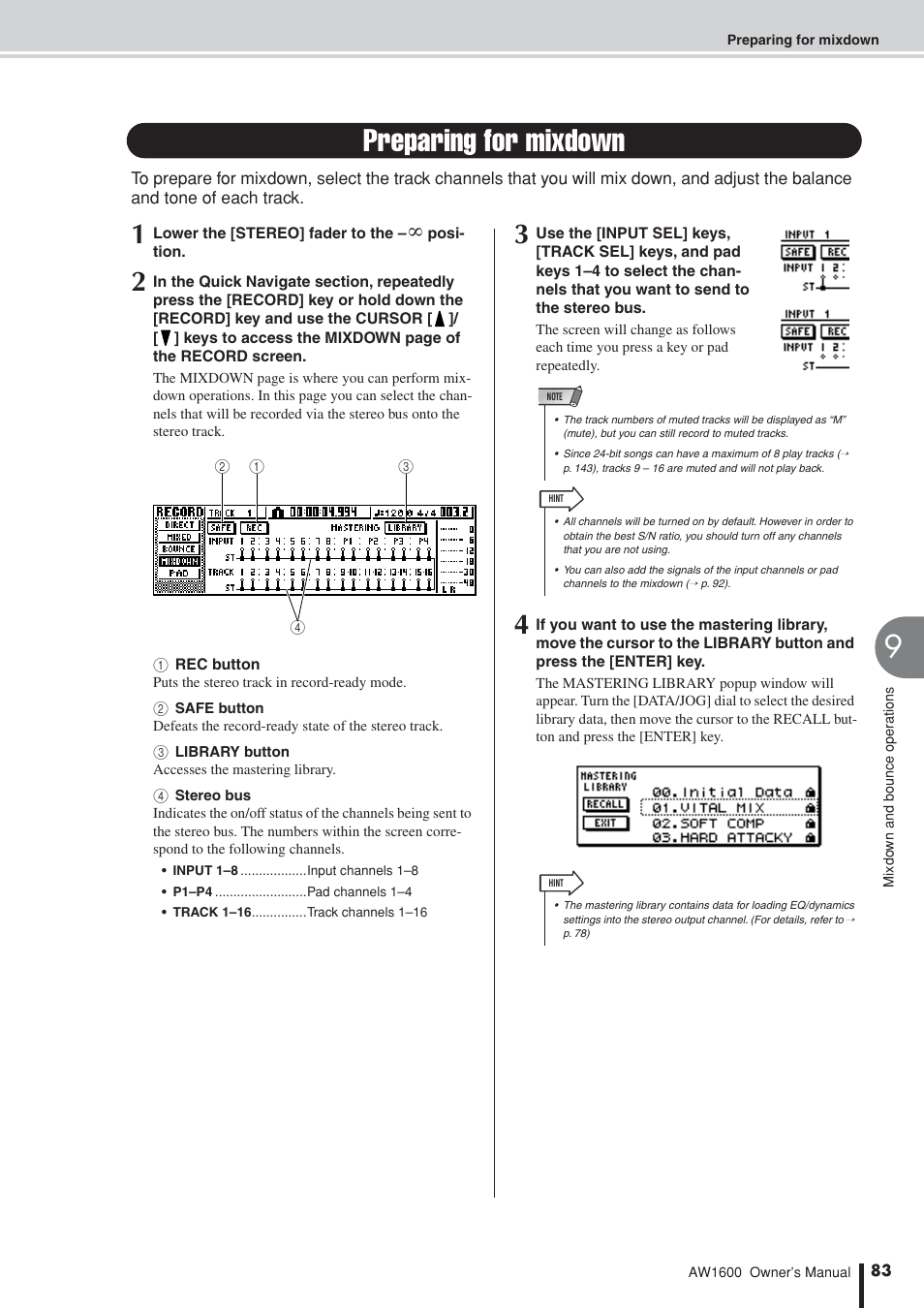 Preparing for mixdown | Yamaha AW 1600 User Manual | Page 83 / 232