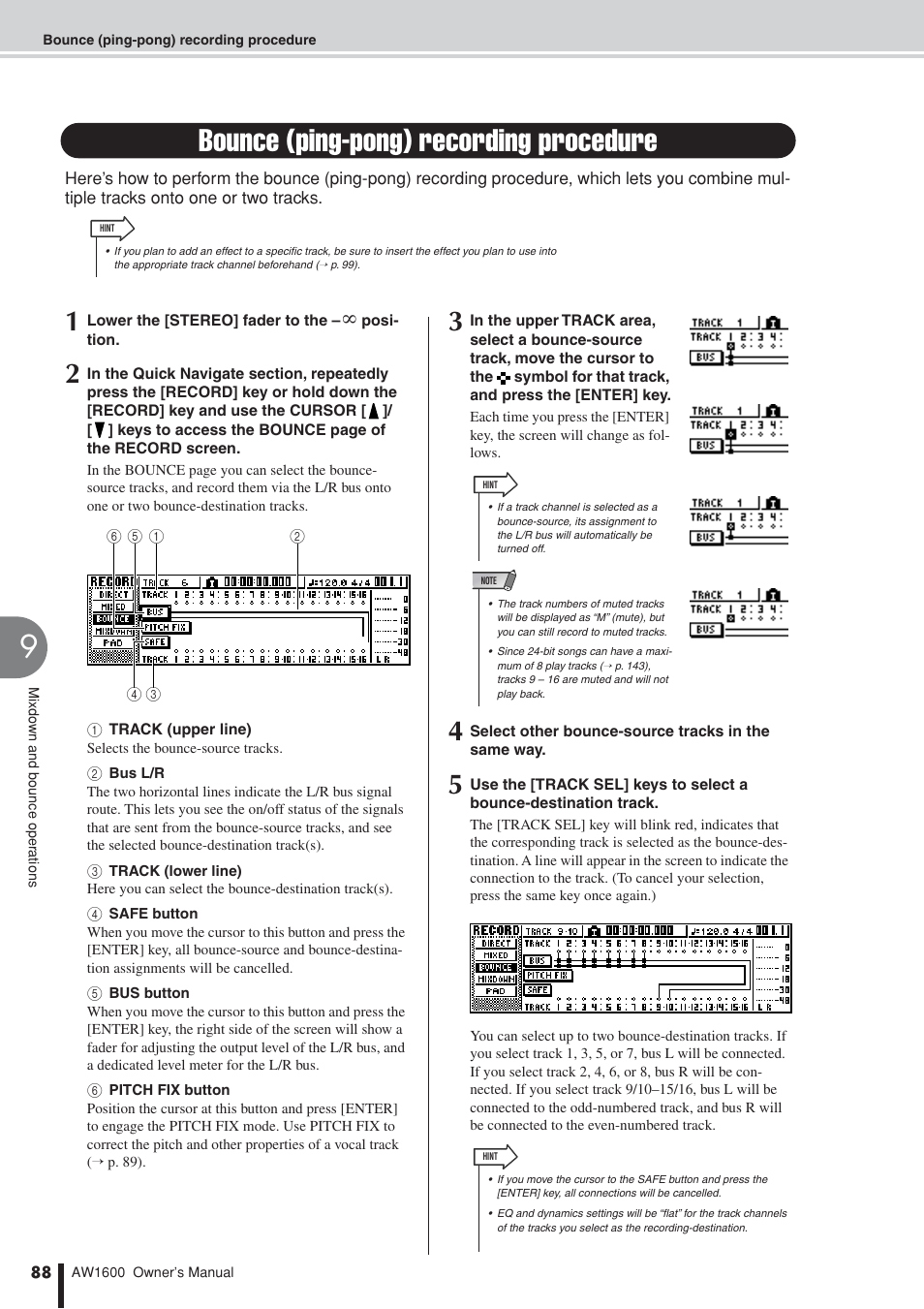 Bounce (ping-pong) recording procedure | Yamaha AW 1600 User Manual | Page 88 / 232