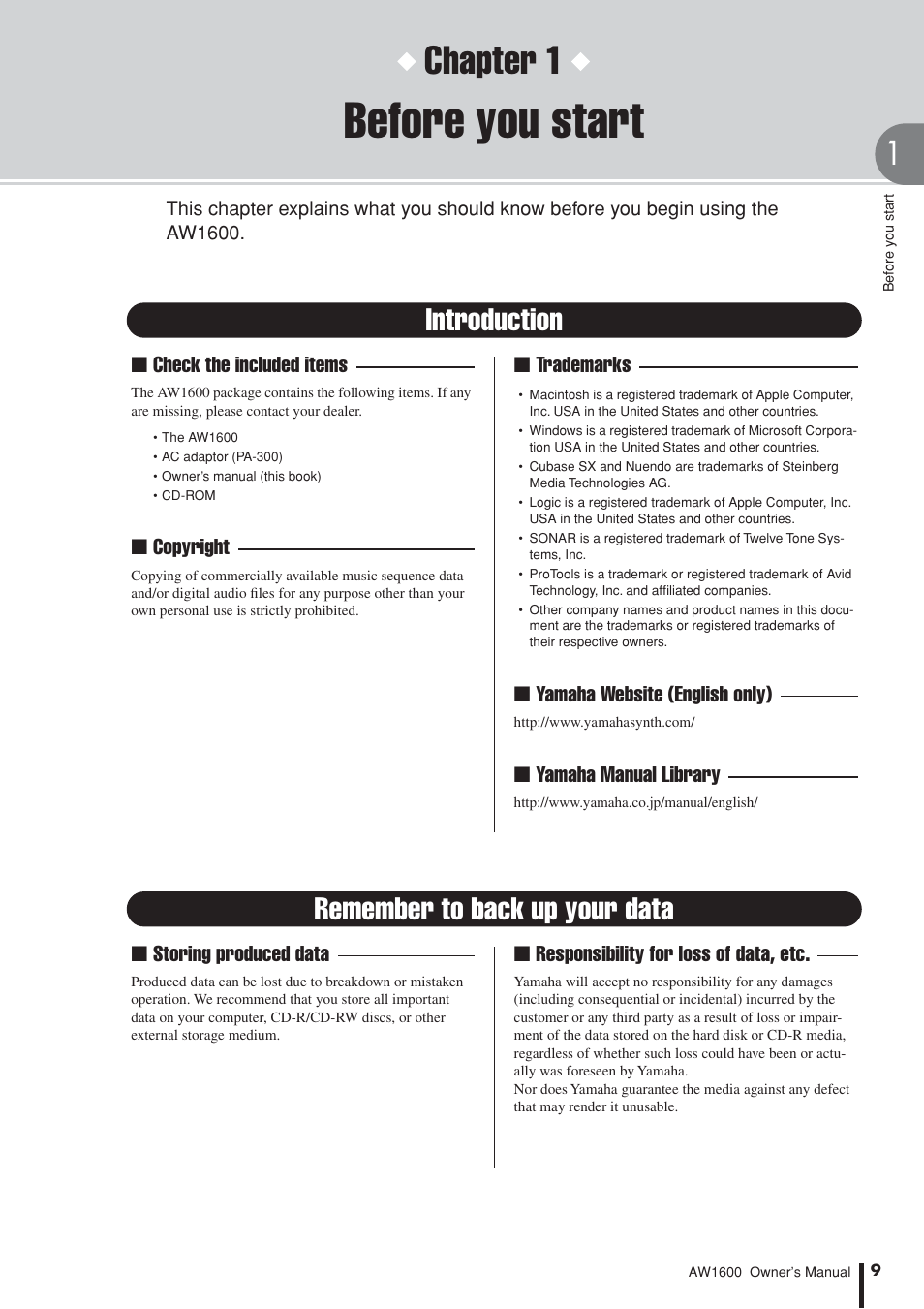 Before you start, Introduction, Remember to back up your data | Chapter 1 | Yamaha AW 1600 User Manual | Page 9 / 232
