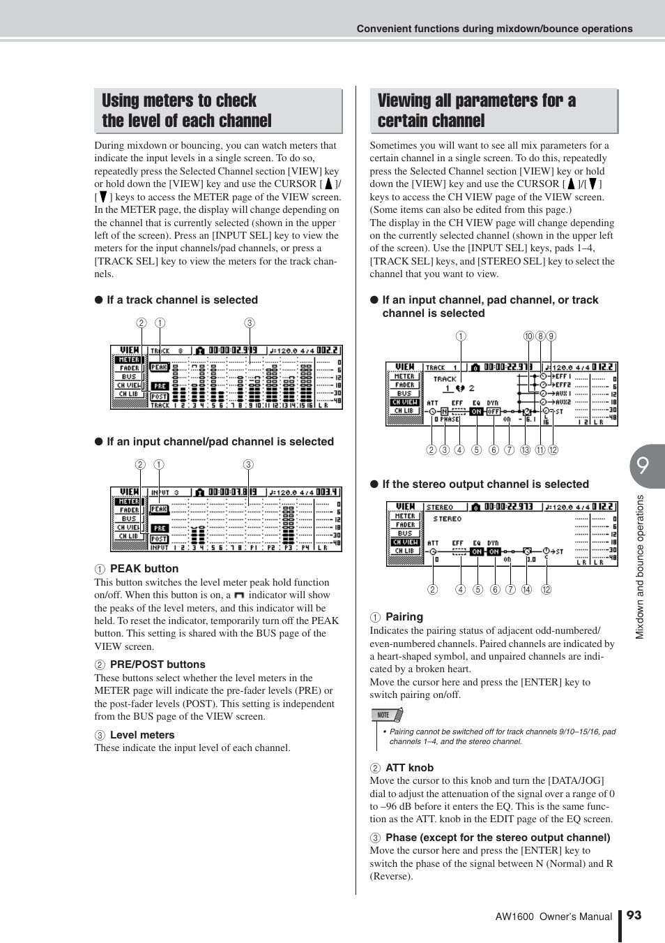 Using meters to check the level of each channel, Viewing all parameters for a certain channel, Using meters to check | The level of each channel | Yamaha AW 1600 User Manual | Page 93 / 232