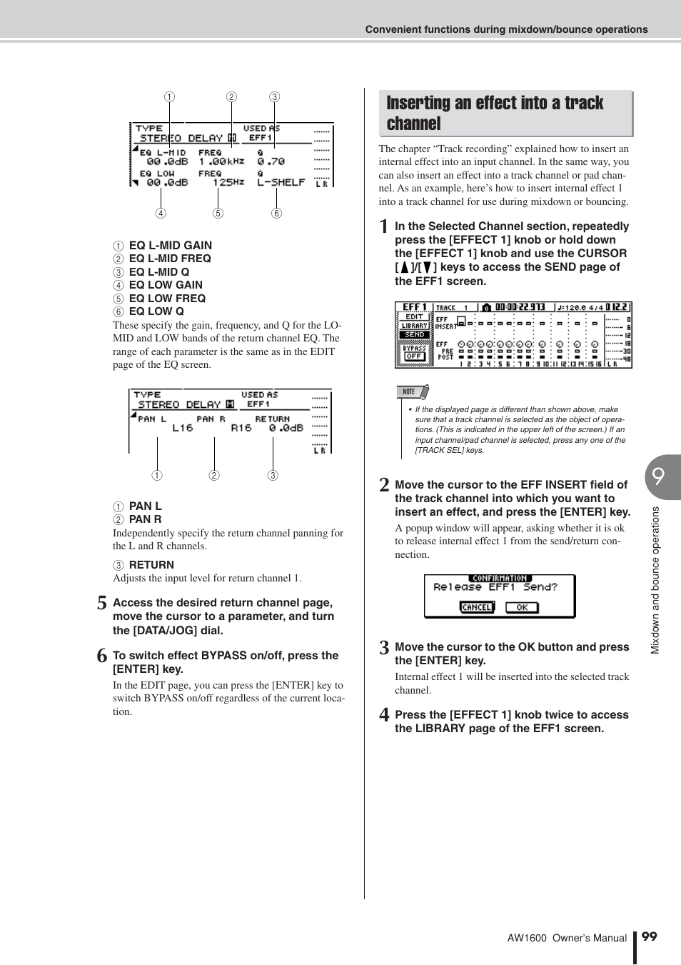 Inserting an effect into a track channel, Orehand, P. 99) | Yamaha AW 1600 User Manual | Page 99 / 232